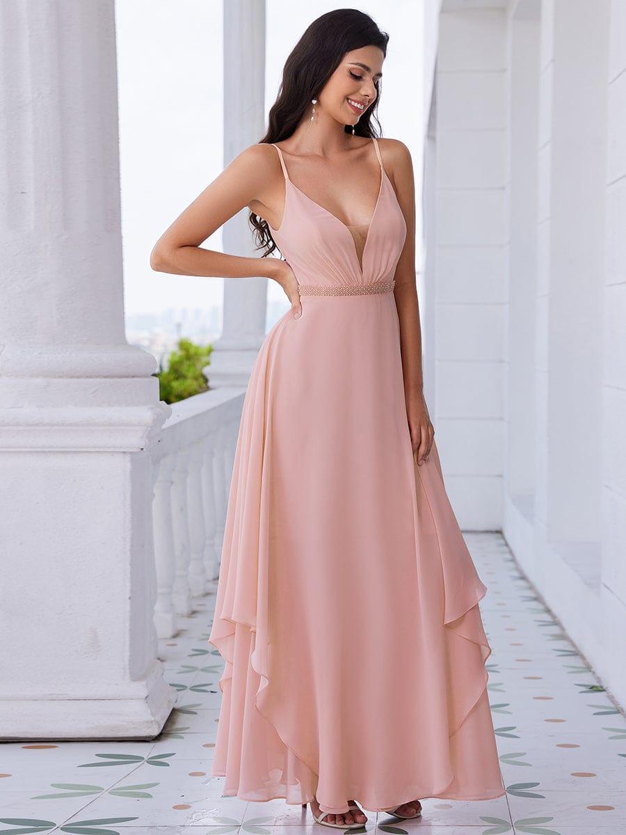 Robe de demoiselle d'honneur en mousseline de soie sans manches à volants à la taille et à col en V ornée de perles #Couleur_Rose