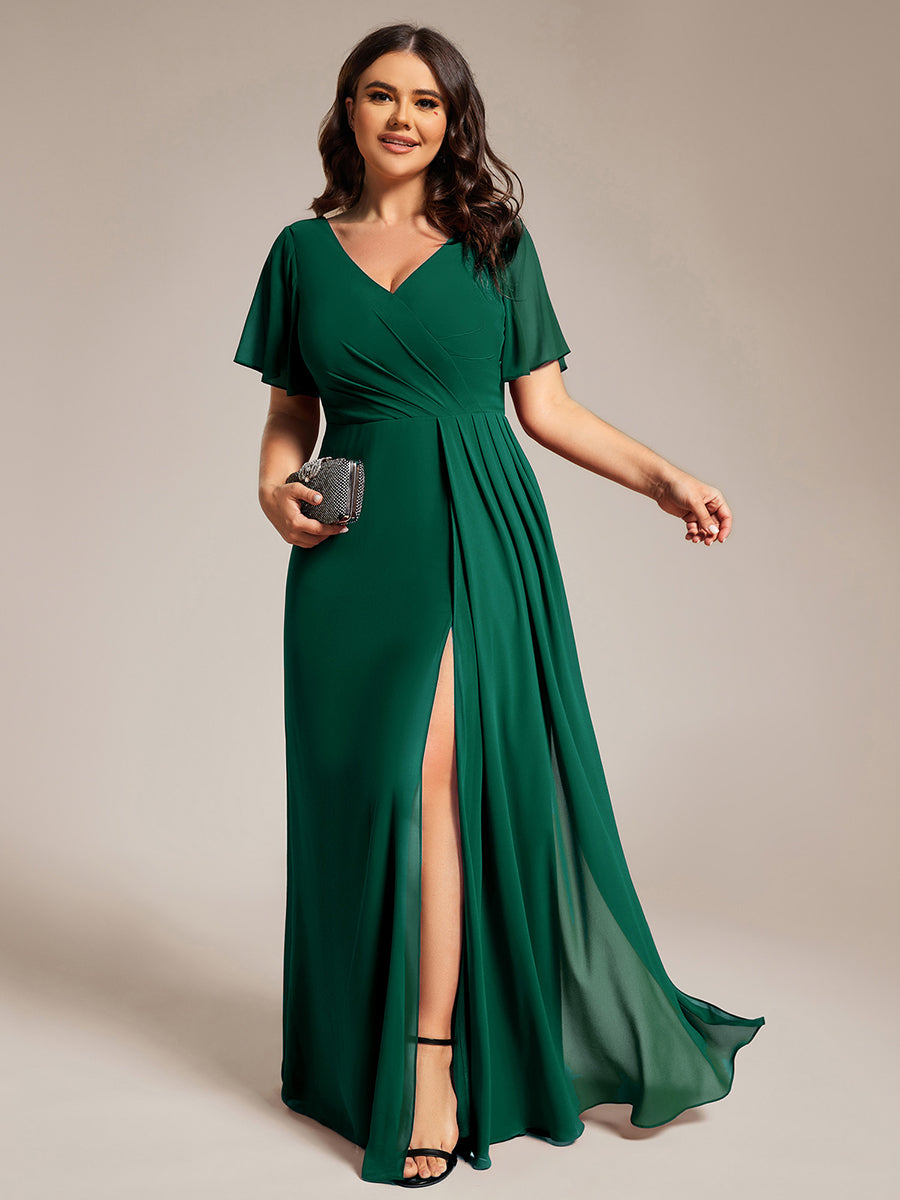 Robe de demoiselle d'honneur taille haute en mousseline de soie col en V fente haute manches à volants #Couleur_Vert Fonce