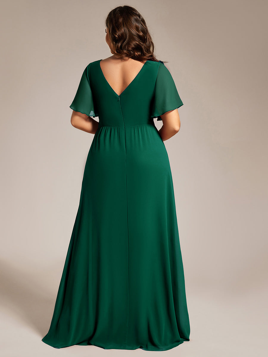 Robe de demoiselle d'honneur taille haute en mousseline de soie col en V fente haute manches à volants #Couleur_Vert Fonce