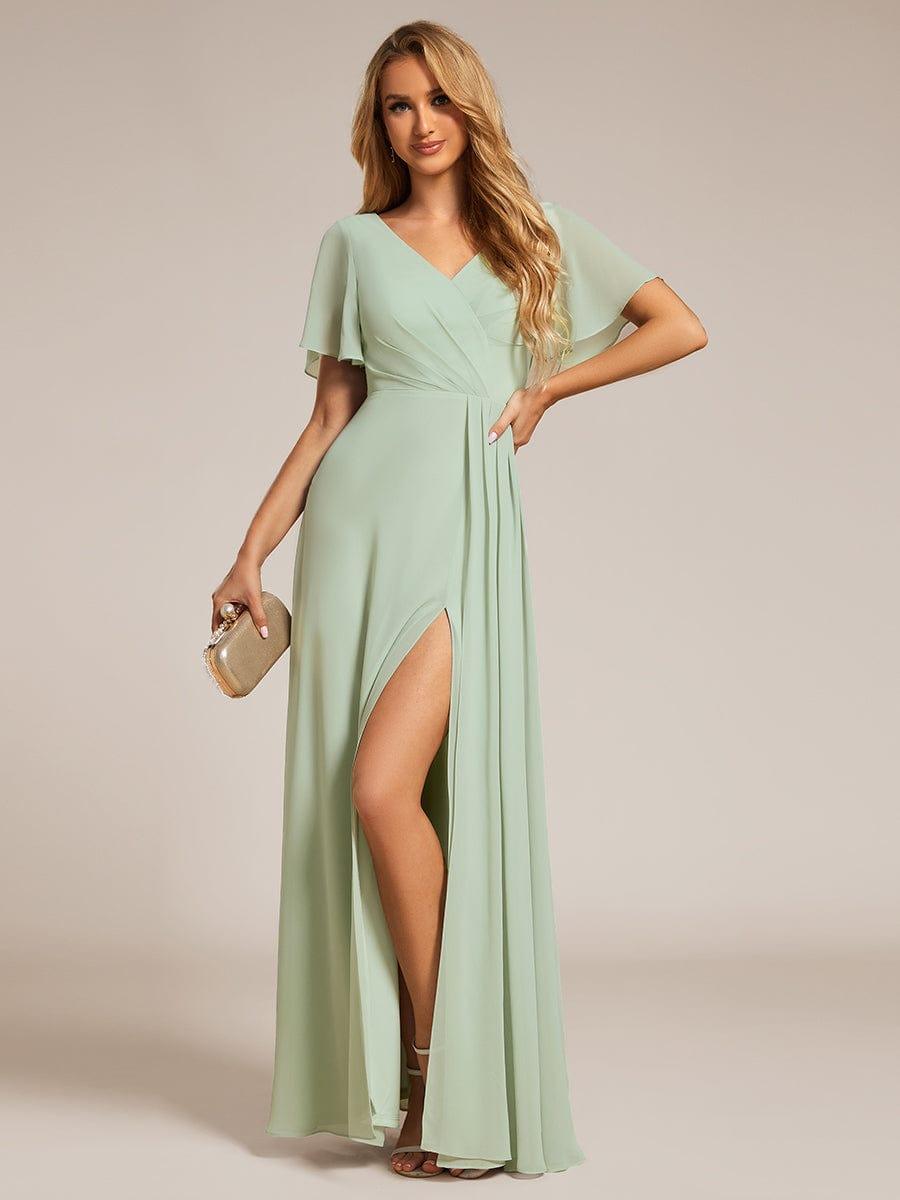 Robe de demoiselle d'honneur taille haute en mousseline de soie col en V fente haute manches à volants #Couleur_Menthe Verte