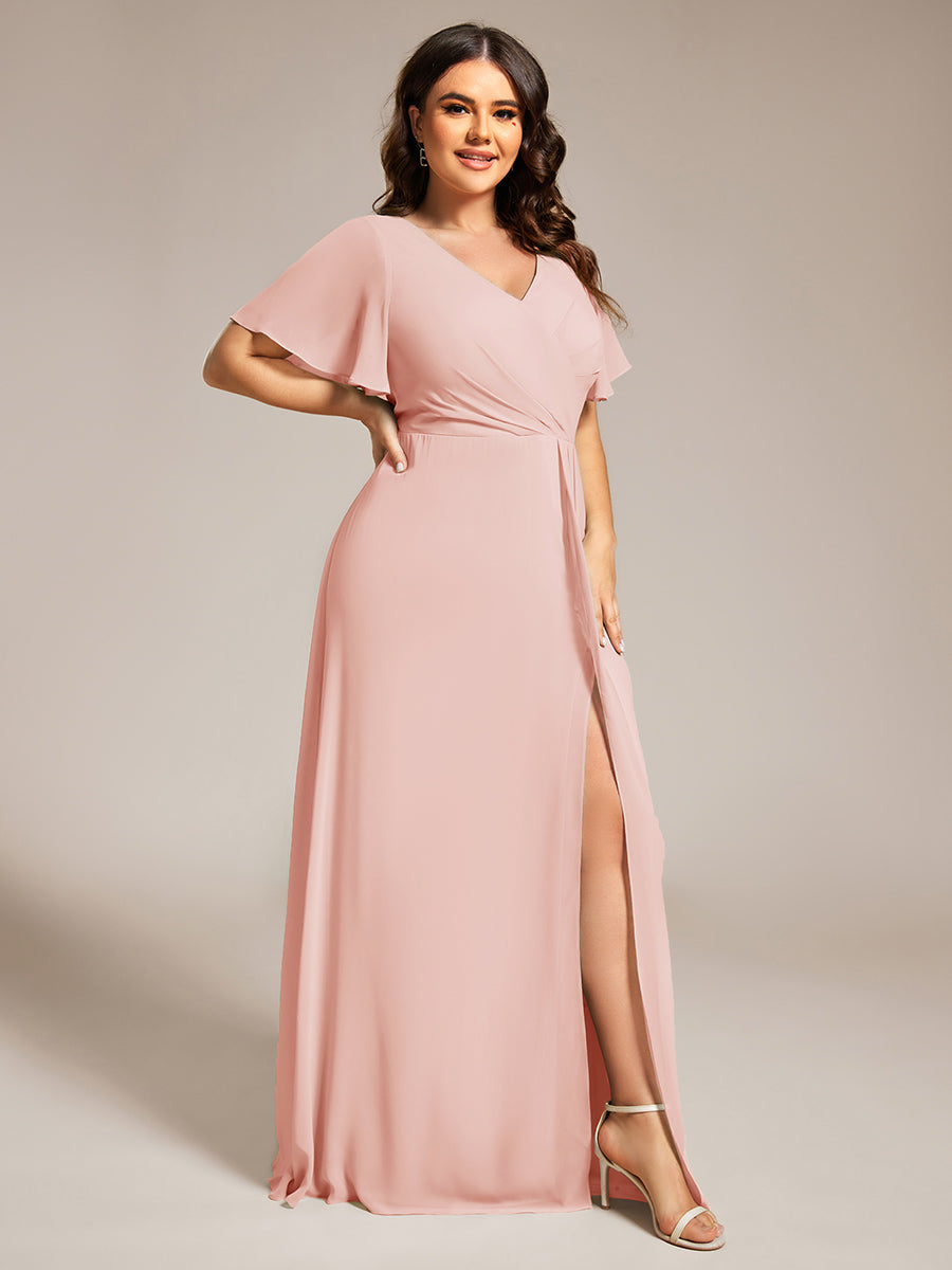 Robe de demoiselle d'honneur taille haute en mousseline de soie col en V fente haute manches à volants #Couleur_Rose