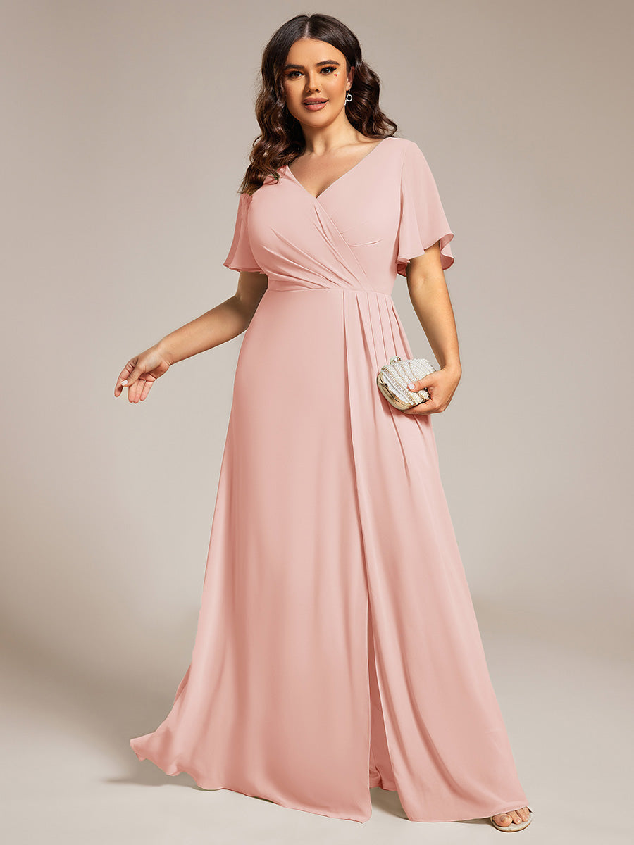 Robe de demoiselle d'honneur taille haute en mousseline de soie col en V fente haute manches à volants #Couleur_Rose