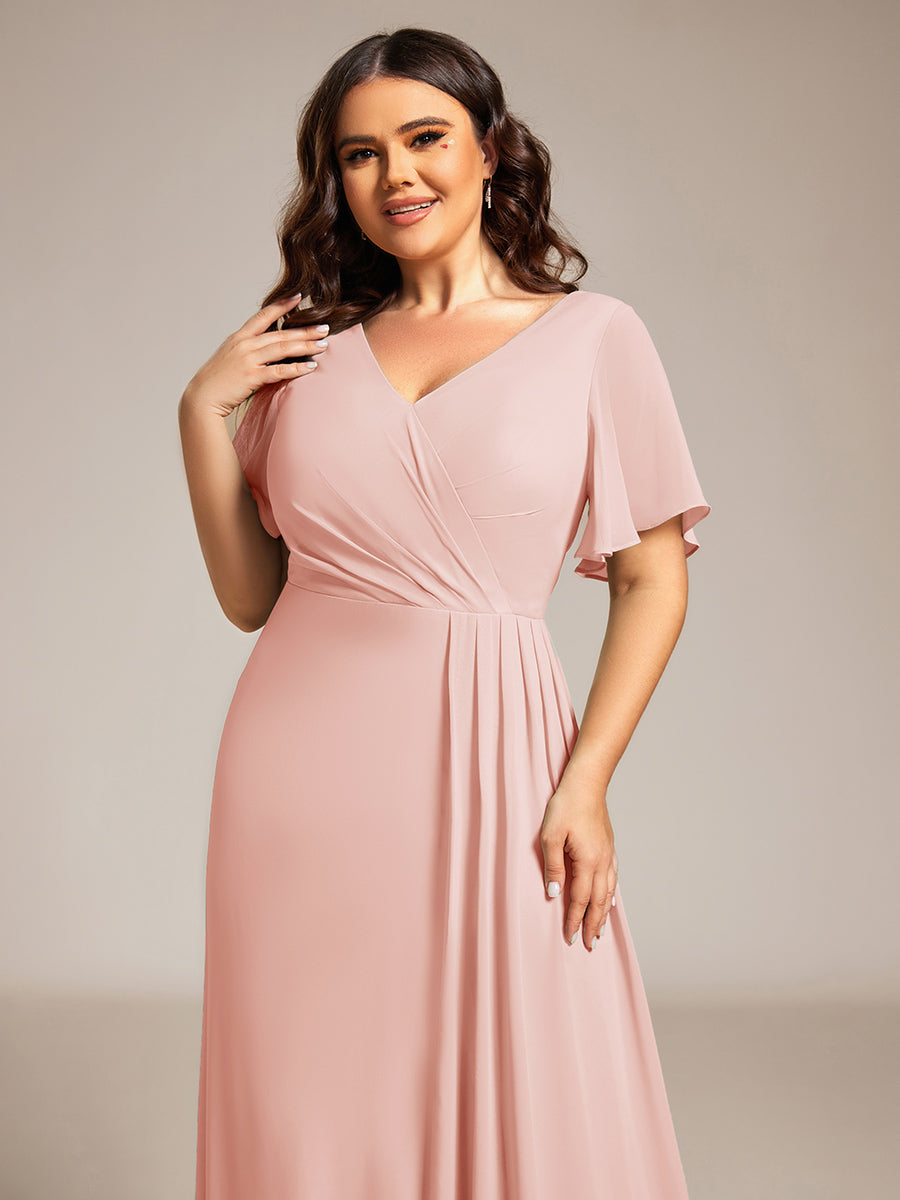 Robe de demoiselle d'honneur taille haute en mousseline de soie col en V fente haute manches à volants #Couleur_Rose