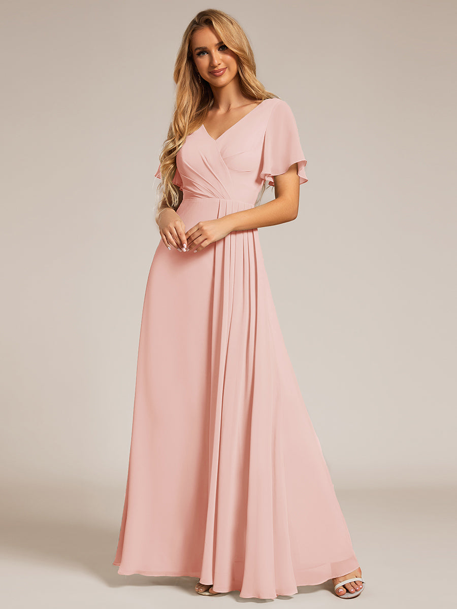 Robe de demoiselle d'honneur taille haute en mousseline de soie col en V fente haute manches à volants #Couleur_Rose