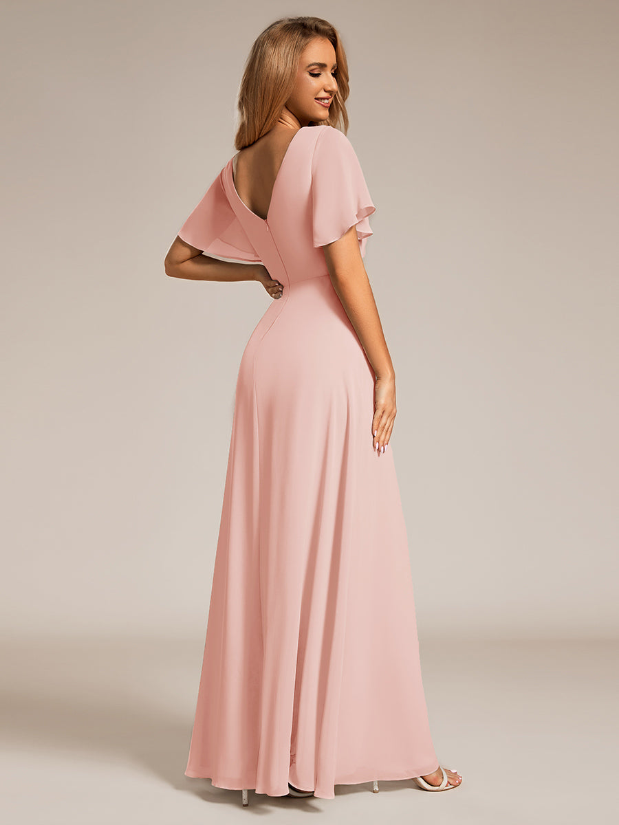 Robe de demoiselle d'honneur taille haute en mousseline de soie col en V fente haute manches à volants #Couleur_Rose