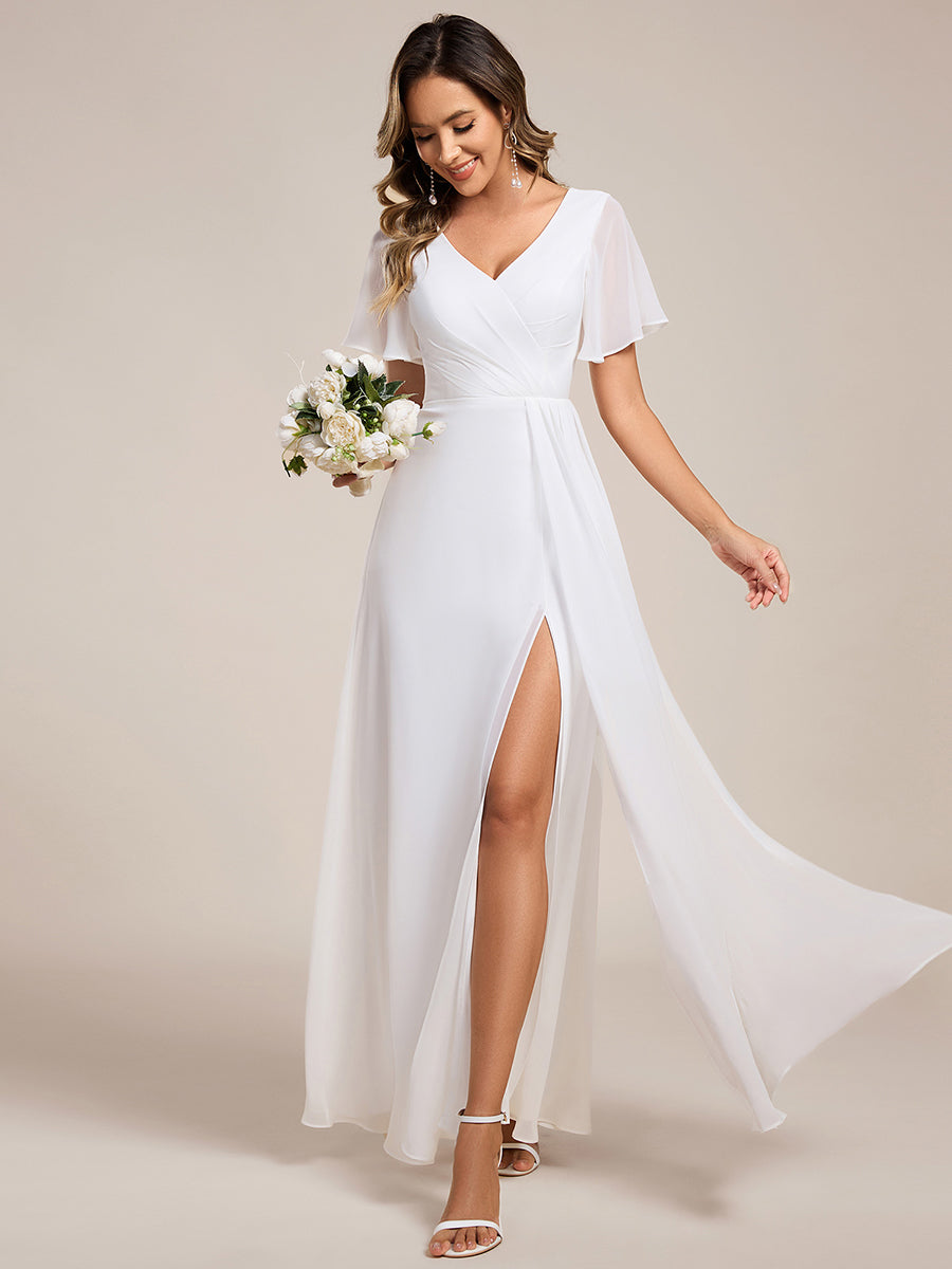 Robe de demoiselle d'honneur taille haute en mousseline de soie col en V fente haute manches à volants #Couleur_Blanc