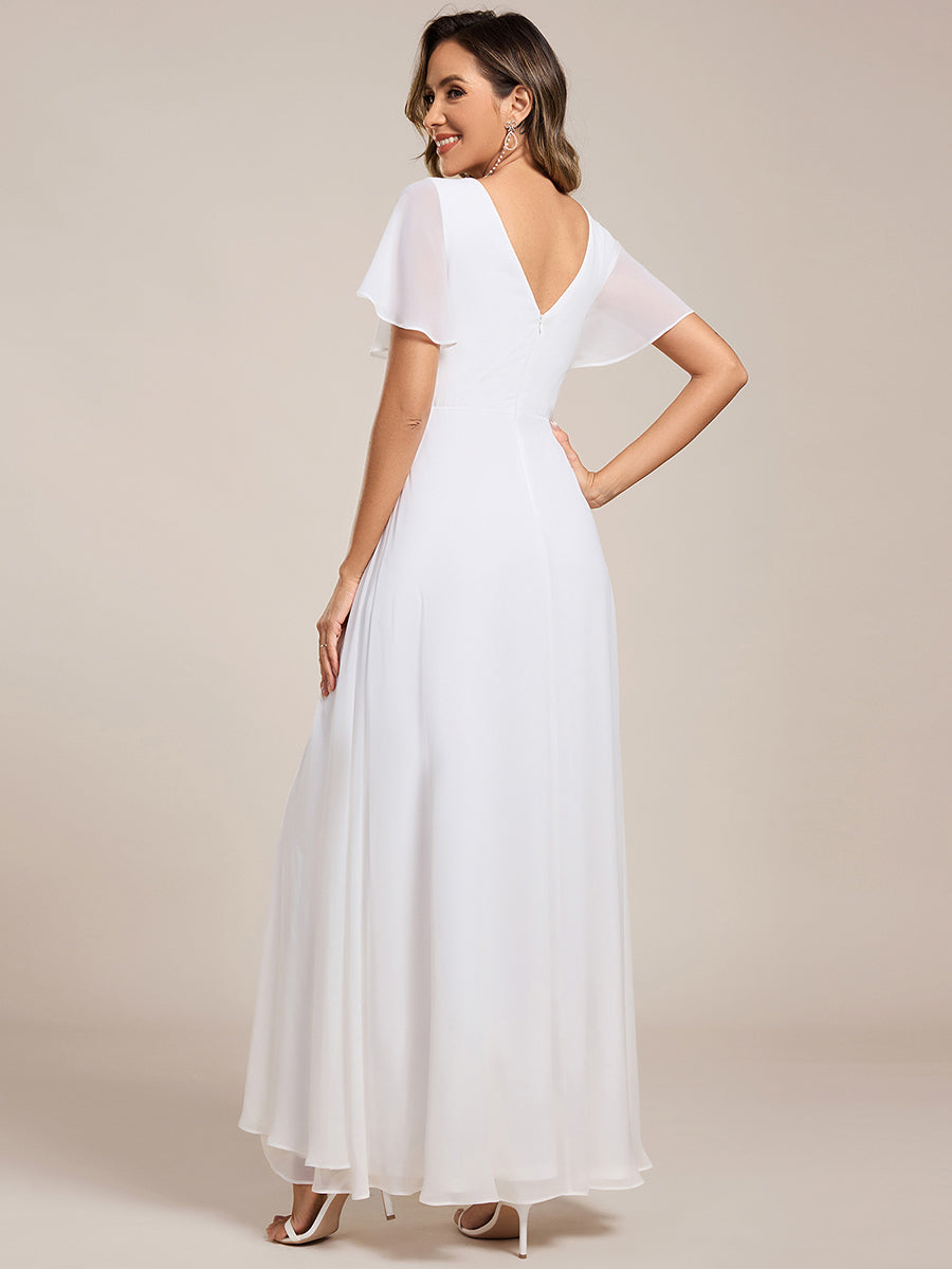 Robe de demoiselle d'honneur taille haute en mousseline de soie col en V fente haute manches à volants #Couleur_Blanc