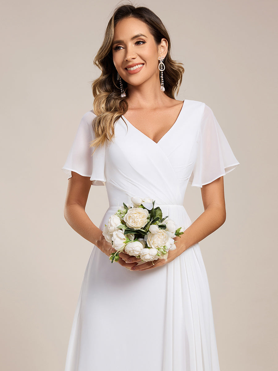Robe de demoiselle d'honneur taille haute en mousseline de soie col en V fente haute manches à volants #Couleur_Blanc