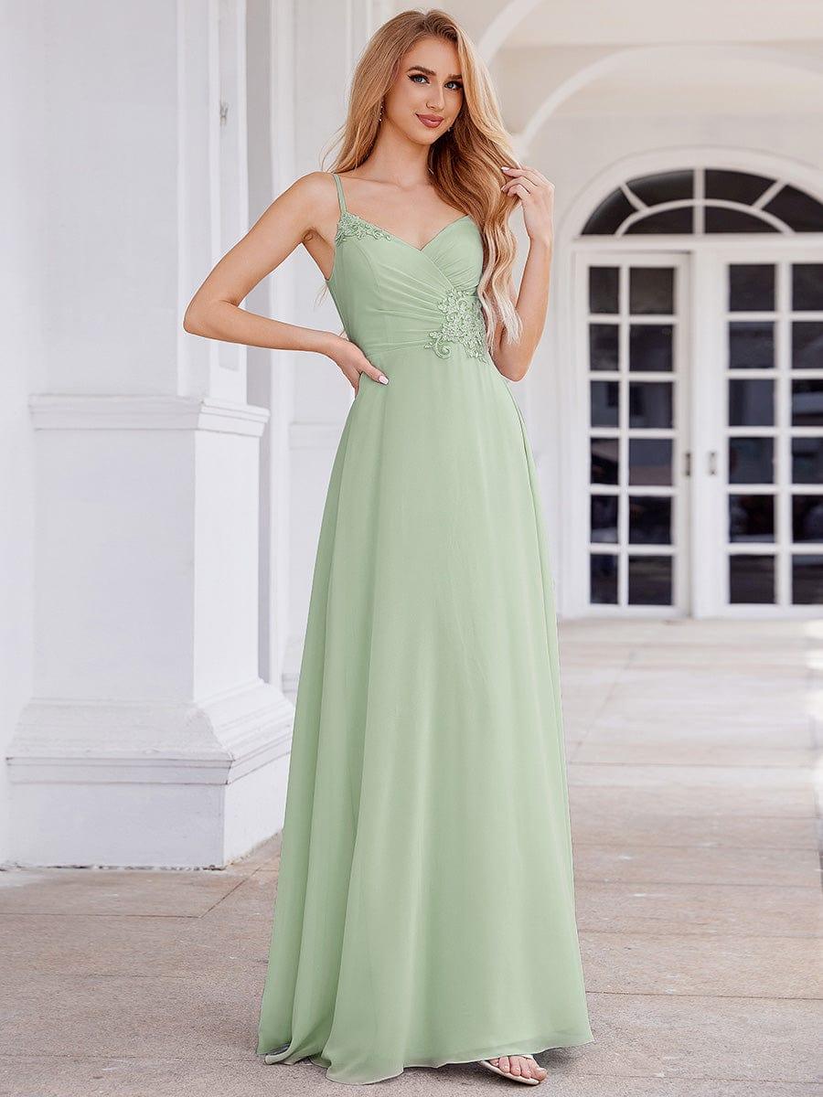 Robe de demoiselle d'honneur chic plissée à col en V et sans manches à la taille appliquée #Couleur_Menthe Verte
