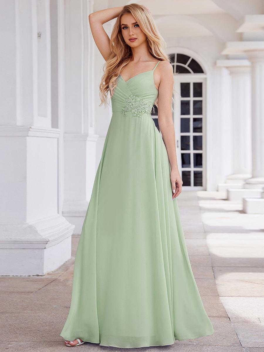 Robe de demoiselle d'honneur chic plissée à col en V et sans manches à la taille appliquée #Couleur_Menthe Verte