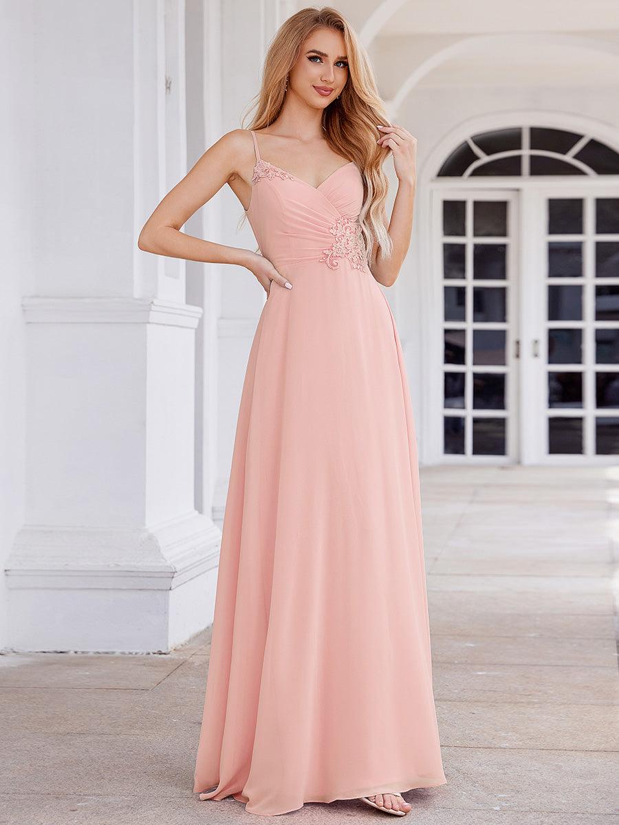 Robe de demoiselle d'honneur chic plissée à col en V et sans manches à la taille appliquée #Couleur_Rose