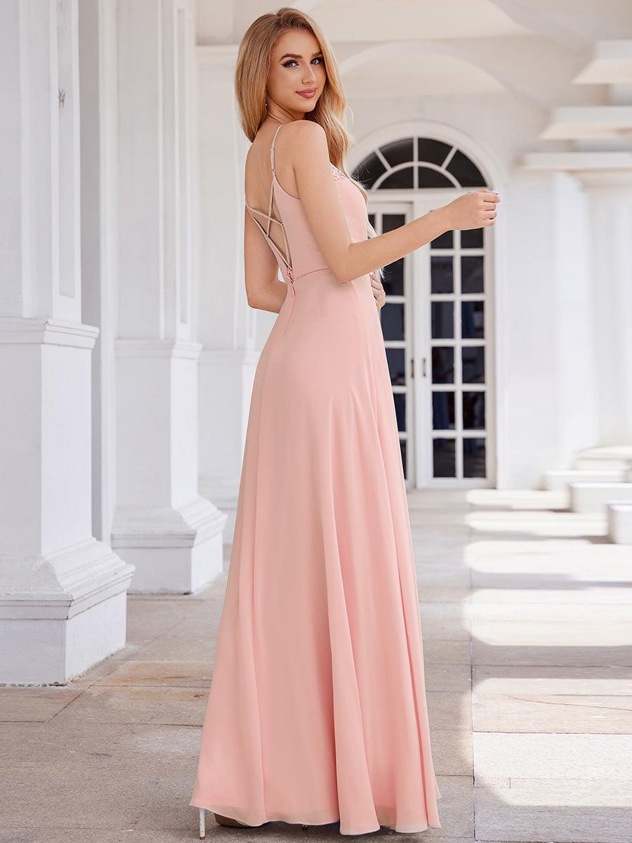 Robe de demoiselle d'honneur chic plissée à col en V et sans manches à la taille appliquée #Couleur_Rose