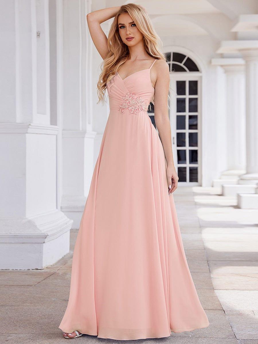 Robe de demoiselle d'honneur chic plissée à col en V et sans manches à la taille appliquée #Couleur_Rose