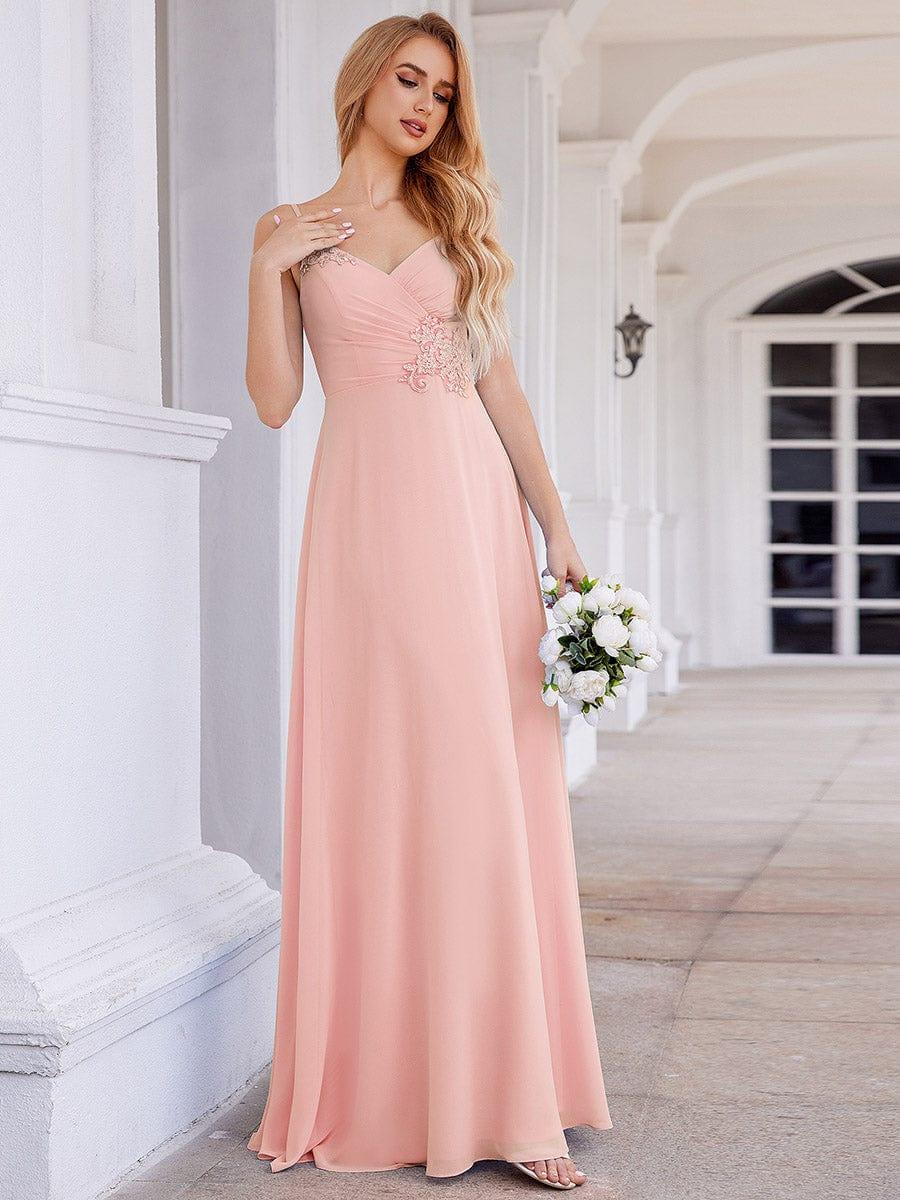 Robe de demoiselle d'honneur chic plissée à col en V et sans manches à la taille appliquée #Couleur_Rose