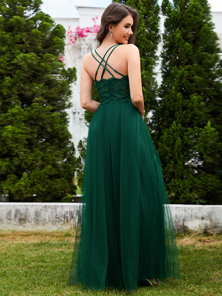 robe longue sans manches à décolleté en V profond avec plissé et finition en dentelle à frange Robe de demoiselle d'honneur #Couleur_Vert Fonce