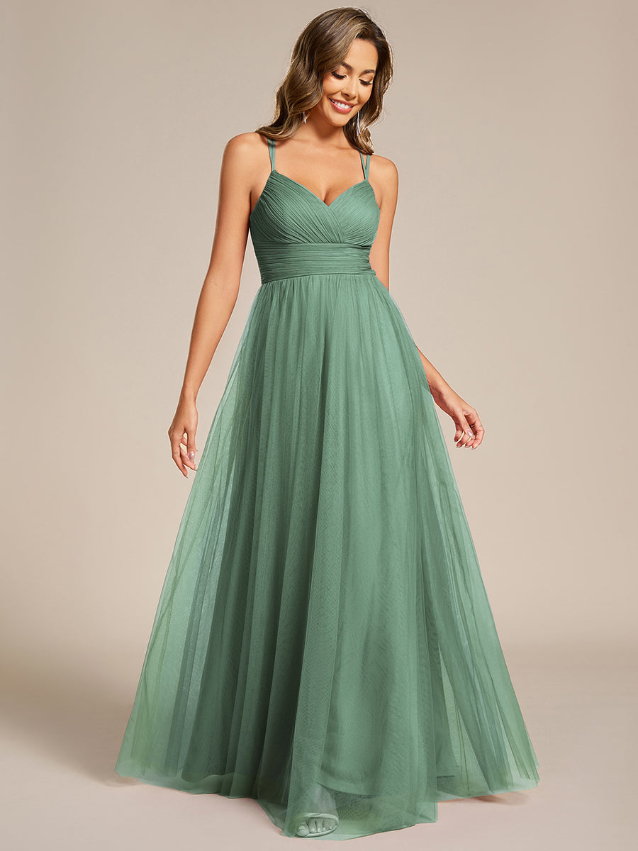 Robe de demoiselle d'honneur en tulle plissée sans manches à col en V et bretelles croisées au dos en dentelle #Couleur_Haricot Vert