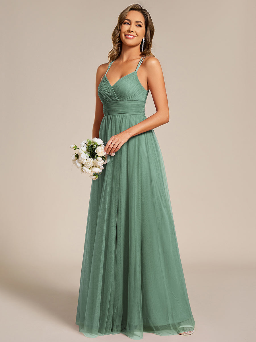 Robe de demoiselle d'honneur en tulle plissée sans manches à col en V et bretelles croisées au dos en dentelle #Couleur_Haricot Vert