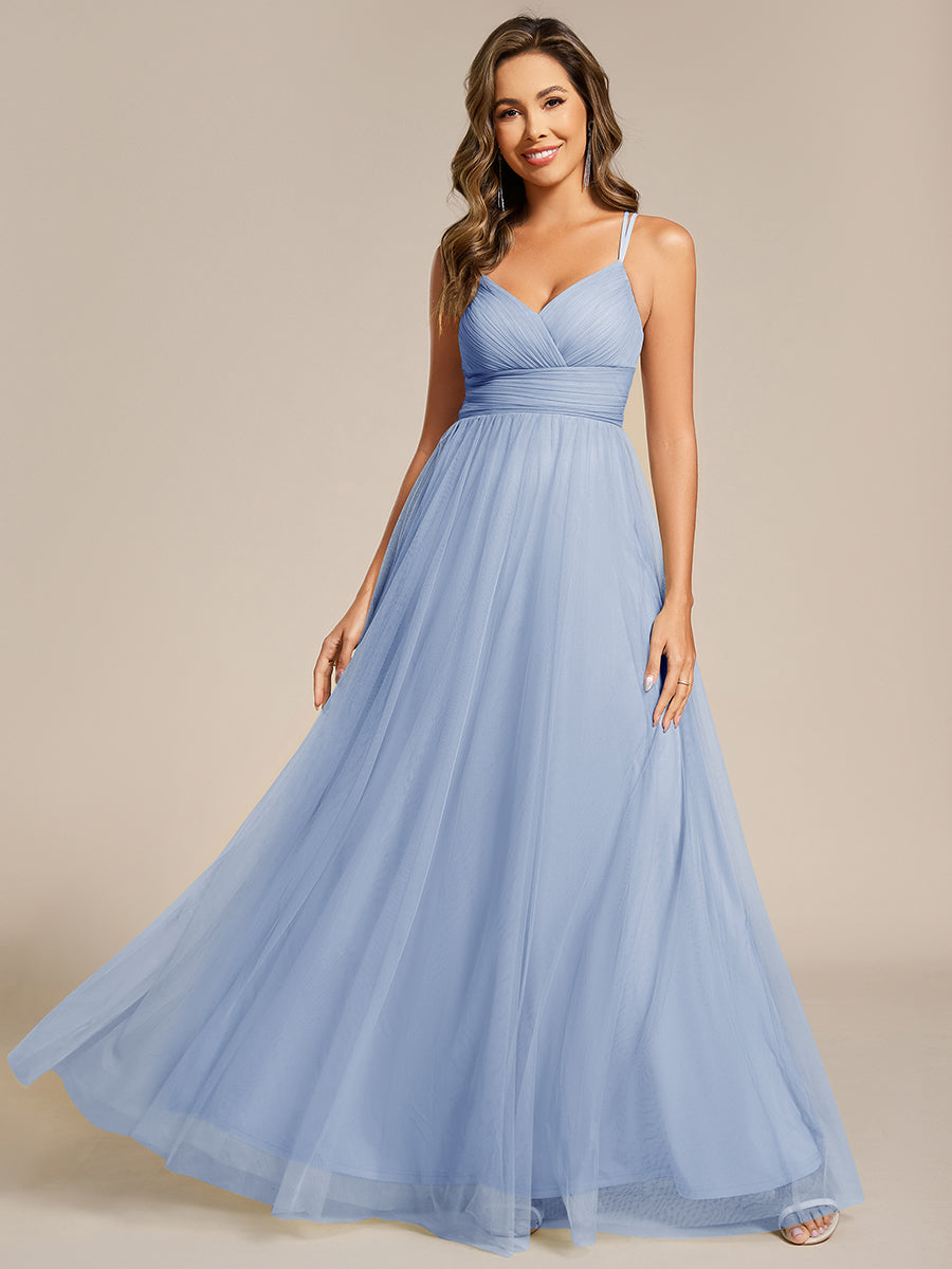 Robe de demoiselle d'honneur en tulle plissée sans manches à col en V et bretelles croisées au dos en dentelle #Couleur_Bleu Glace