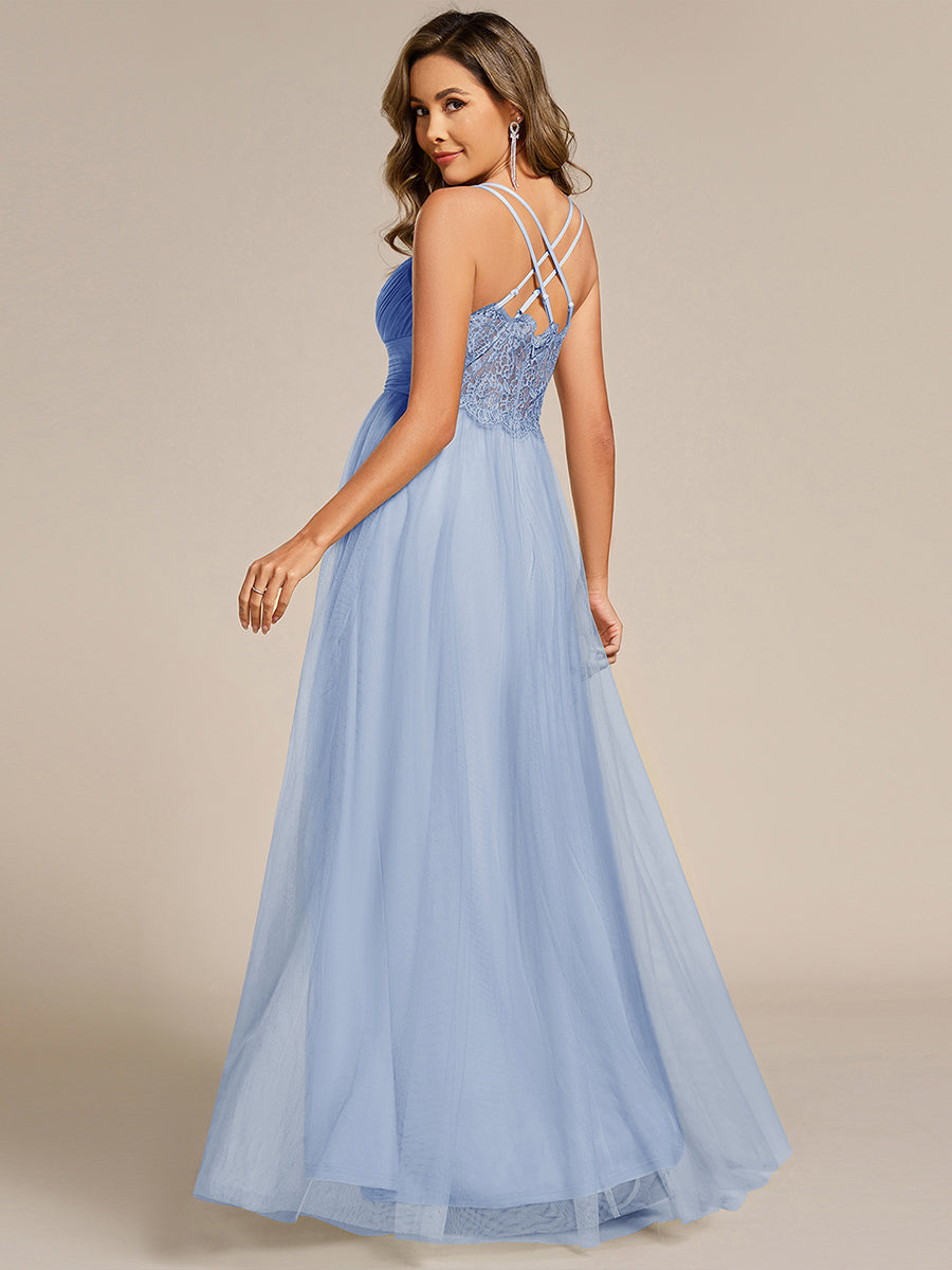 Robe de demoiselle d'honneur en tulle plissée sans manches à col en V et bretelles croisées au dos en dentelle #Couleur_Bleu Glace