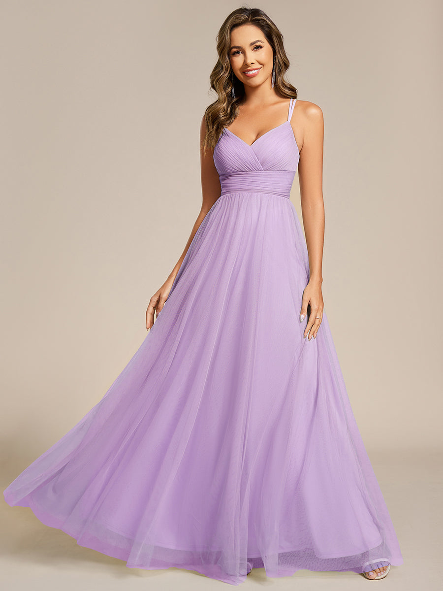 robe longue sans manches à décolleté en V profond avec plissé et finition en dentelle à frange Robe de demoiselle d'honneur #Couleur_Lavande