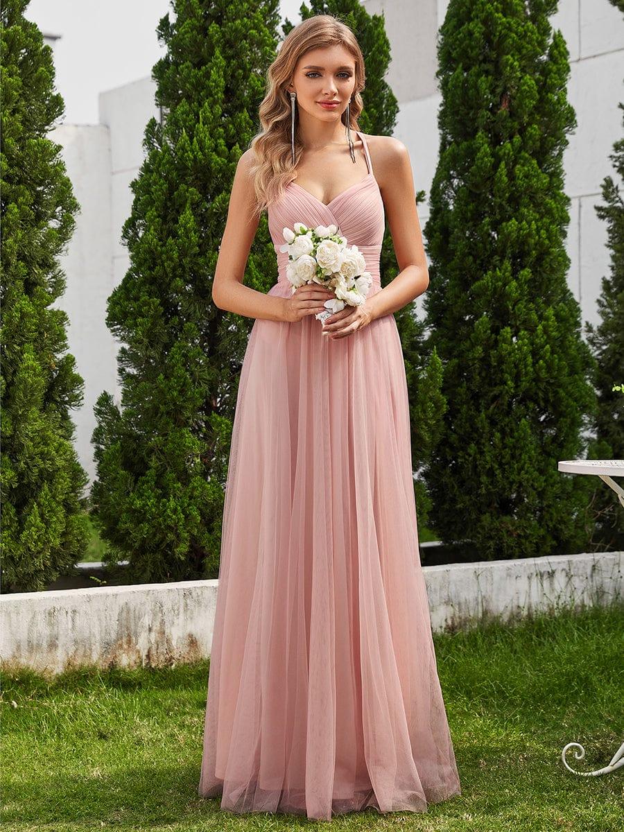 Robe de demoiselle d'honneur en tulle plissée sans manches à col en V et bretelles croisées au dos en dentelle #Couleur_Rose
