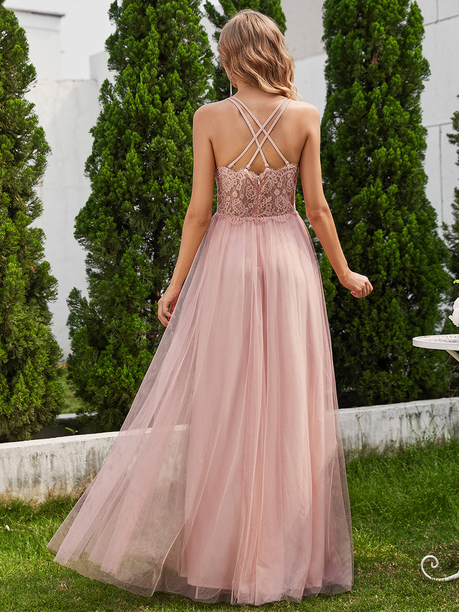 robe longue sans manches à décolleté en V profond avec plissé et finition en dentelle à frange Robe de demoiselle d'honneur #Couleur_Rose