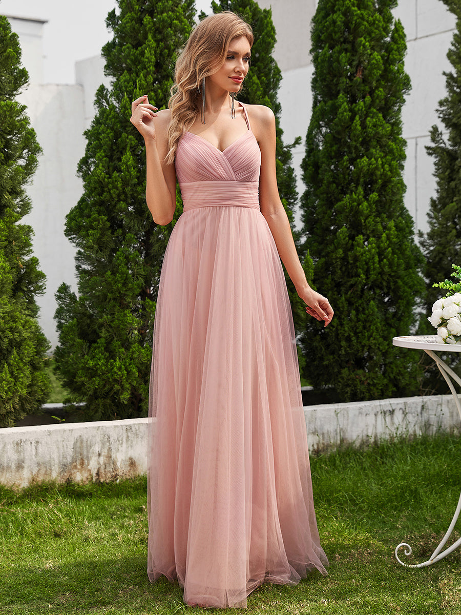 robe longue sans manches à décolleté en V profond avec plissé et finition en dentelle à frange Robe de demoiselle d'honneur #Couleur_Rose