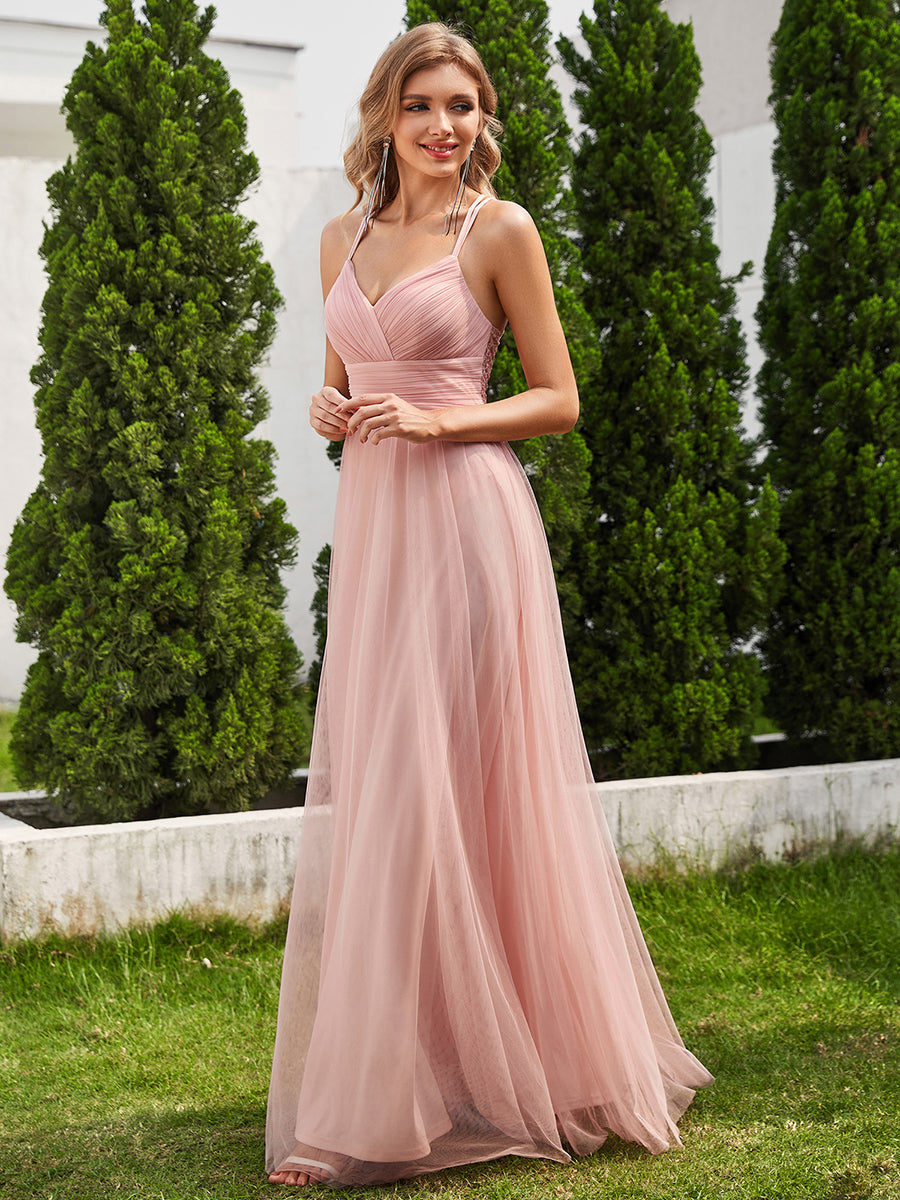 robe longue sans manches à décolleté en V profond avec plissé et finition en dentelle à frange Robe de demoiselle d'honneur #Couleur_Rose