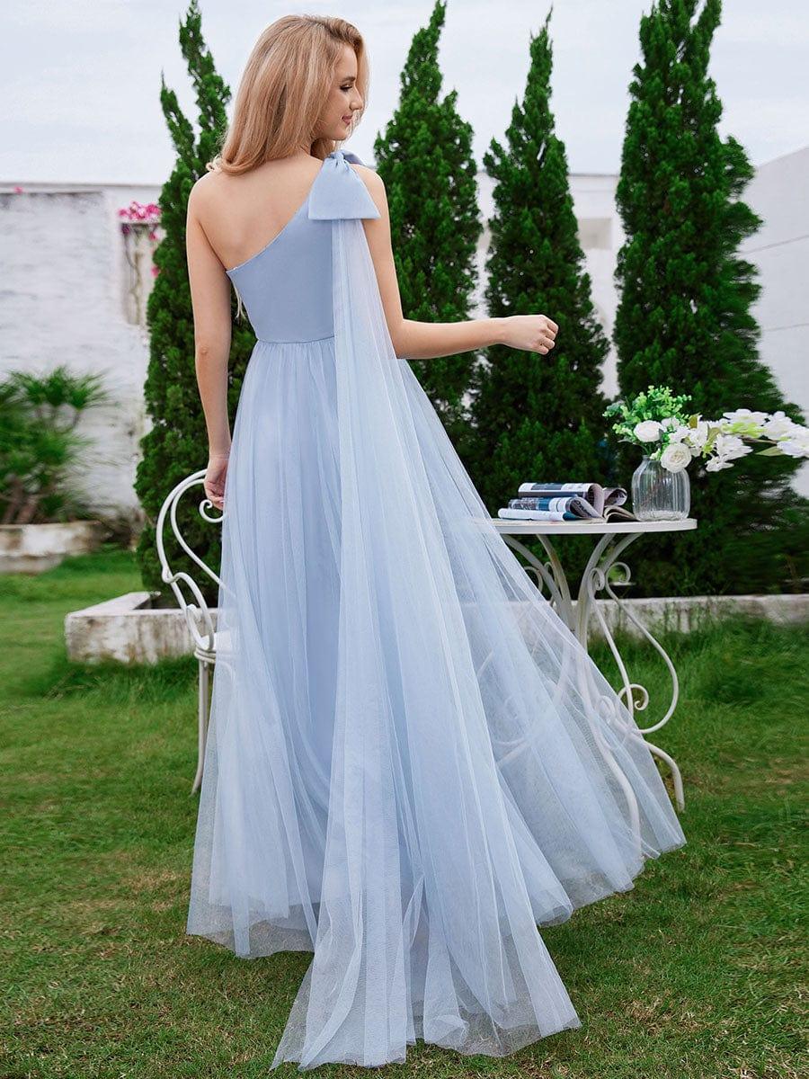 Robe de demoiselle d'honneur trapèze en tulle romantique avec une épaule et un nœud papillon #Couleur_Bleu Clair