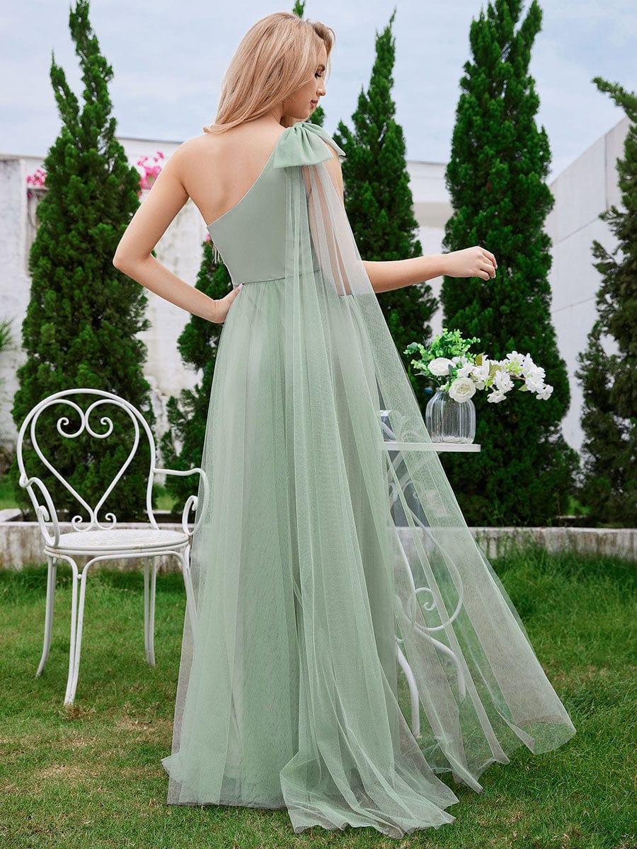 Robe de demoiselle d'honneur trapèze en tulle romantique avec une épaule et un nœud papillon #Couleur_Menthe Verte