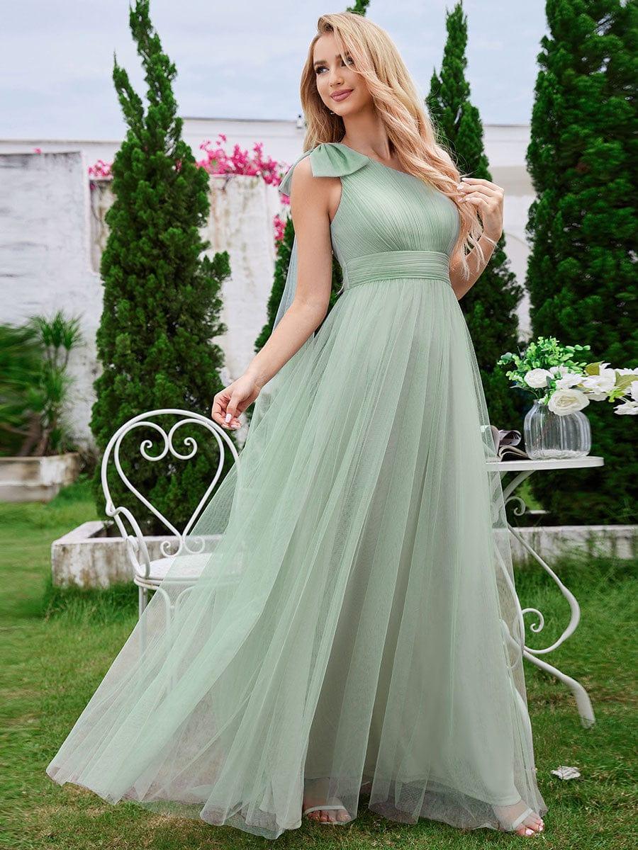 Robe de demoiselle d'honneur trapèze en tulle romantique avec une épaule et un nœud papillon #Couleur_Menthe Verte