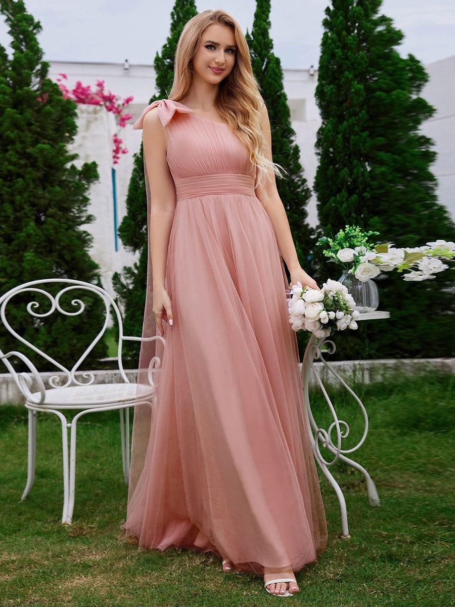 Robe de demoiselle d'honneur trapèze en tulle romantique avec une épaule et un nœud papillon #Couleur_Rose