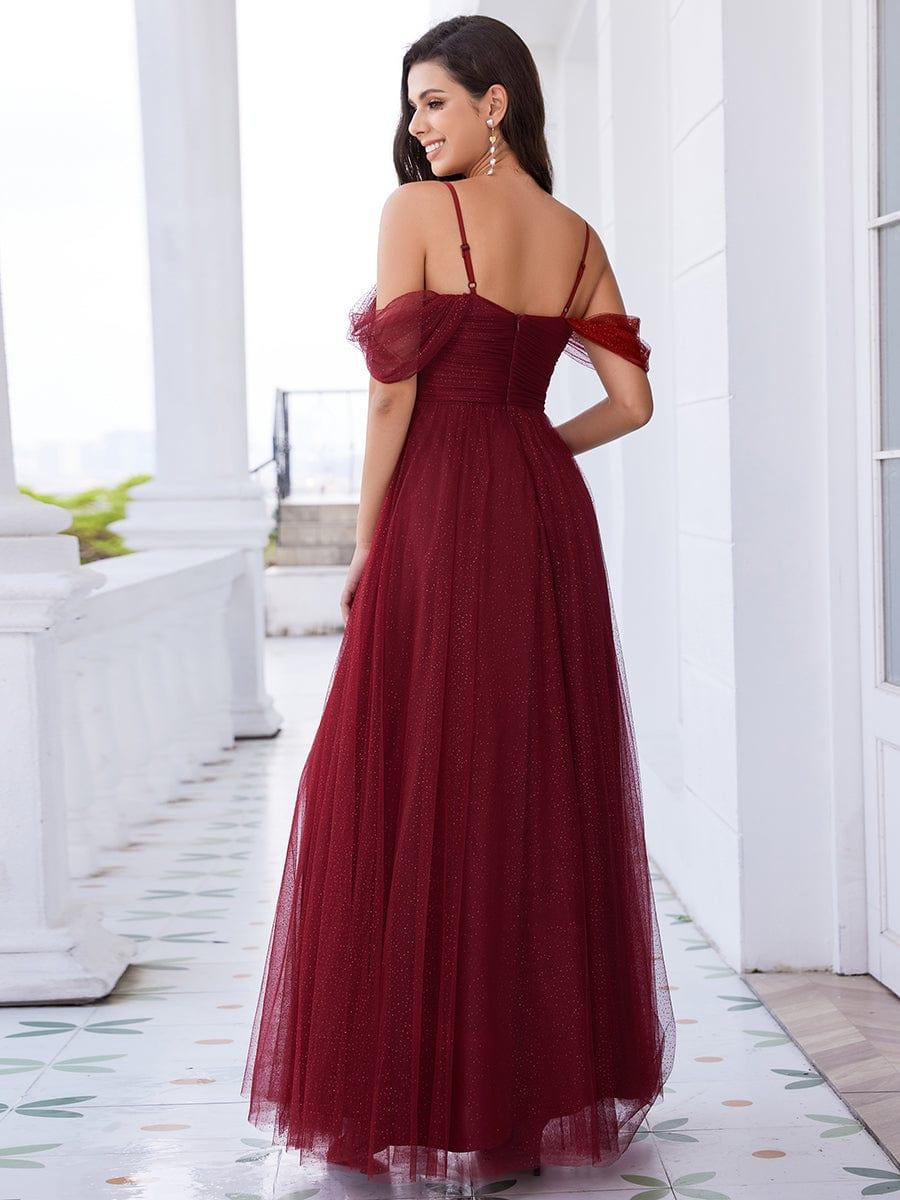 Robe de demoiselle d'honneur trapèze en tulle dos nu avec bretelles spaghetti #Couleur_Bordeaux