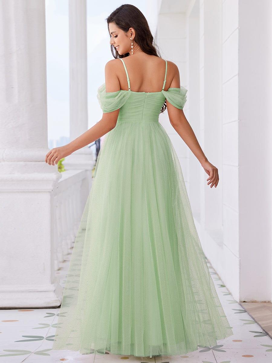 Robe de demoiselle d'honneur trapèze en tulle dos nu avec bretelles spaghetti #Couleur_Menthe Verte
