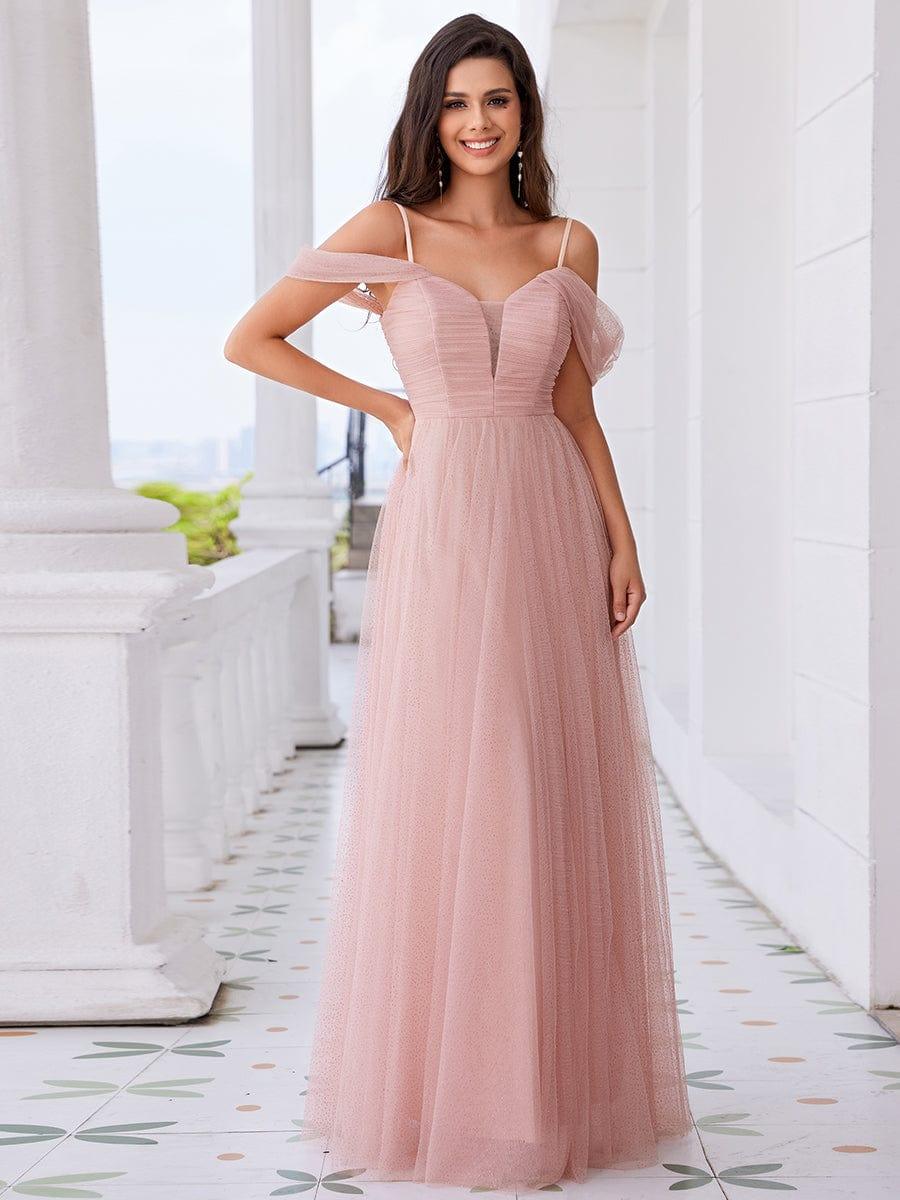 Robe de demoiselle d'honneur trapèze en tulle dos nu avec bretelles spaghetti #Couleur_Rose