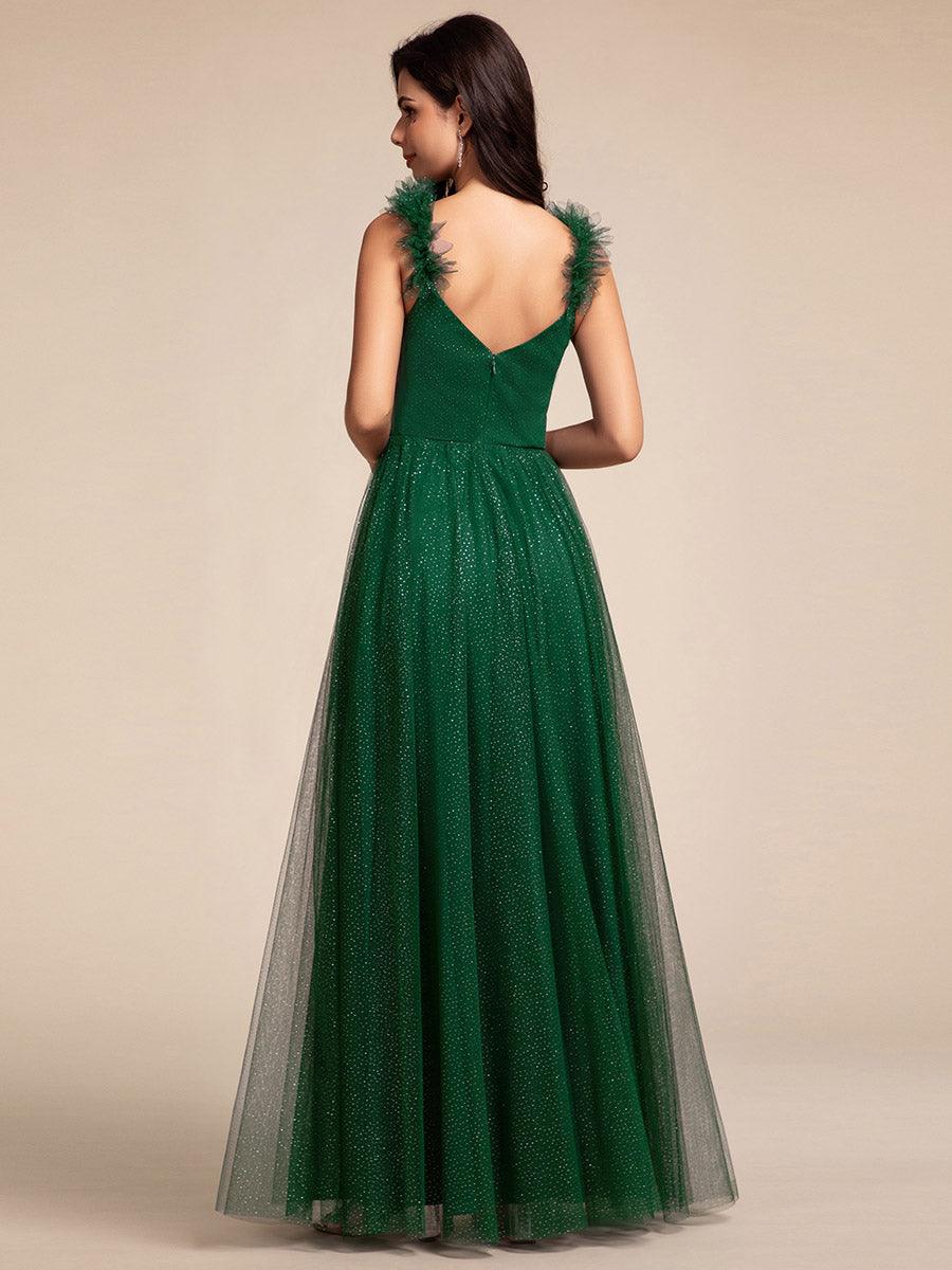 Robe longue de demoiselle d'honneur plissée sans manches à paillettes #Couleur_Vert Fonce