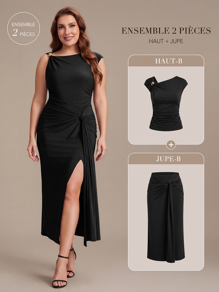 Robe midi bodycon à détail nœud et haute élasticité #Couleur_Noir