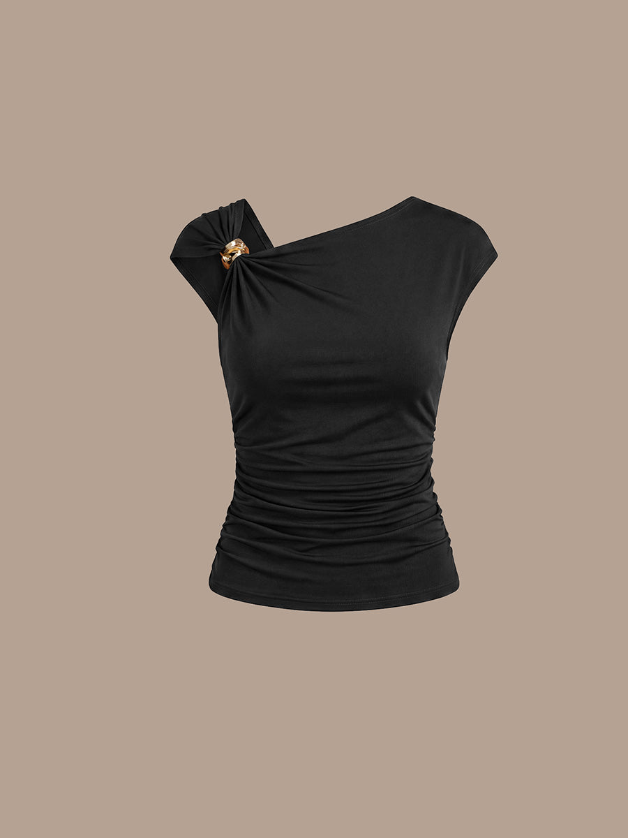 Robe courte à manches courtes extensible sans manches avec encolure asymétrique #Couleur_Noir