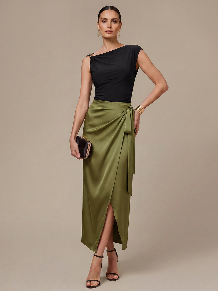 Robe courte à manches courtes extensible sans manches avec encolure asymétrique #Couleur_Noir