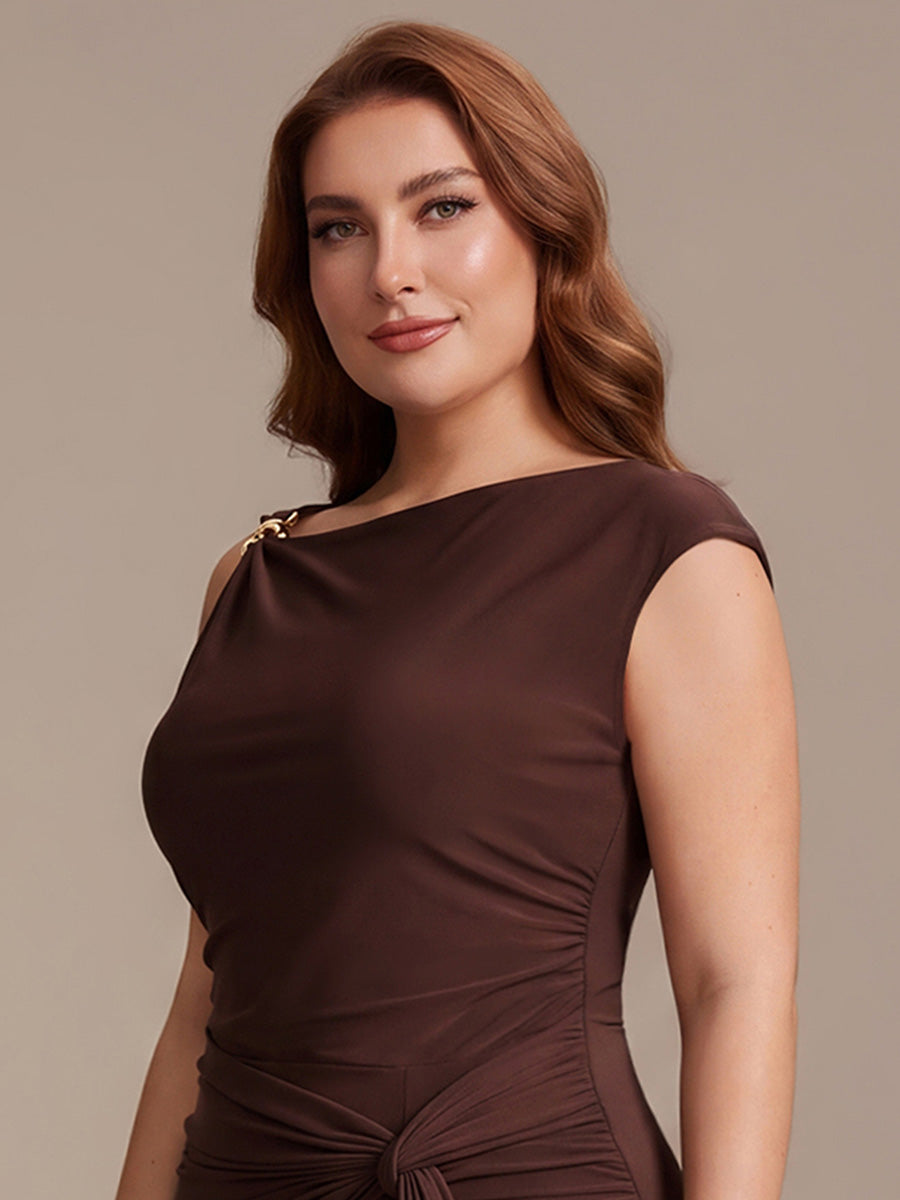 Robe courte à manches courtes extensible sans manches avec encolure asymétrique #Couleur_Marron chocolat