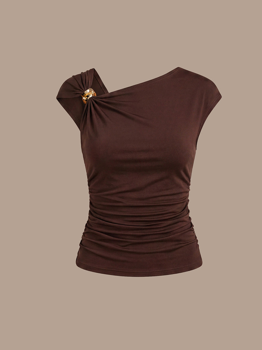 Robe courte à manches courtes extensible sans manches avec encolure asymétrique #Couleur_Marron chocolat