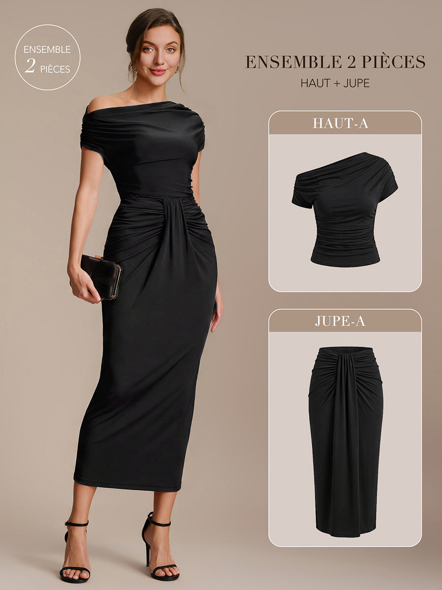 Robe midi A ligne très extensible à manches courtes dénudées élégante #Couleur_Noir