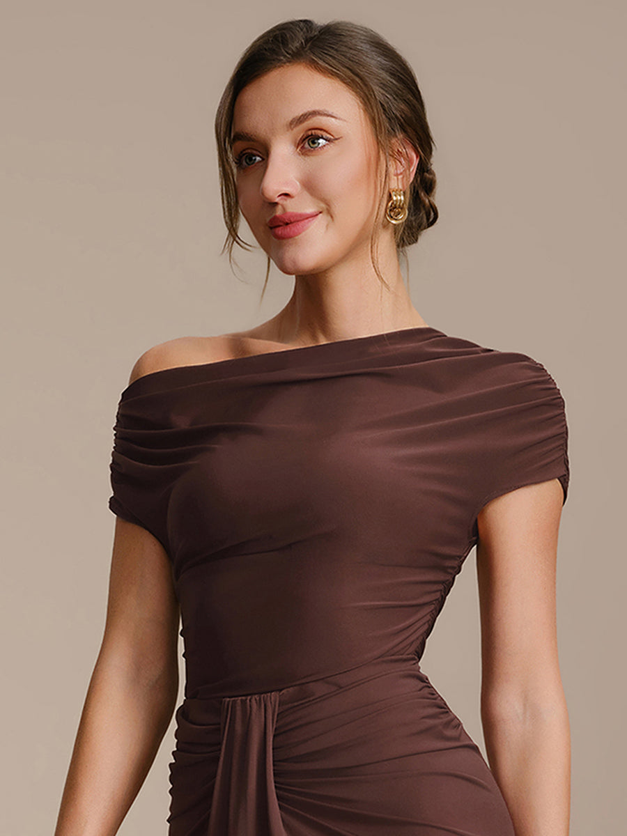 Robe midi A ligne très extensible à manches courtes dénudées élégante #Couleur_Marron chocolat