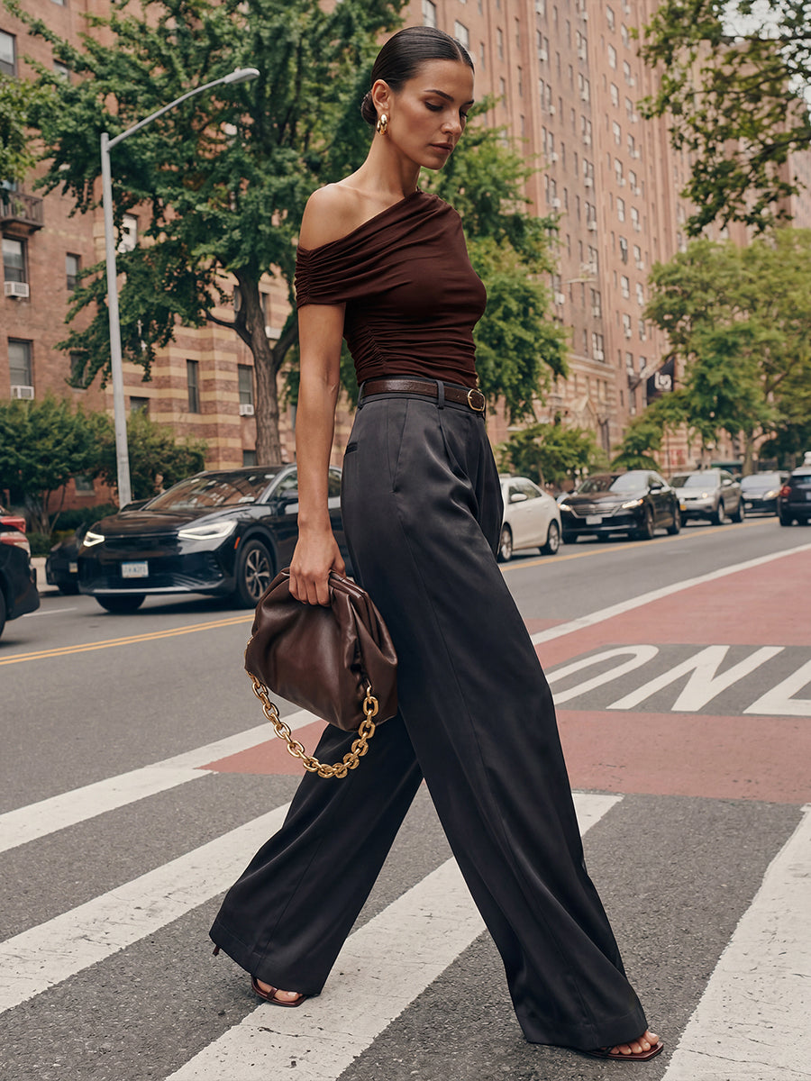 Robe midi A ligne très extensible à manches courtes dénudées élégante #Couleur_Marron chocolat
