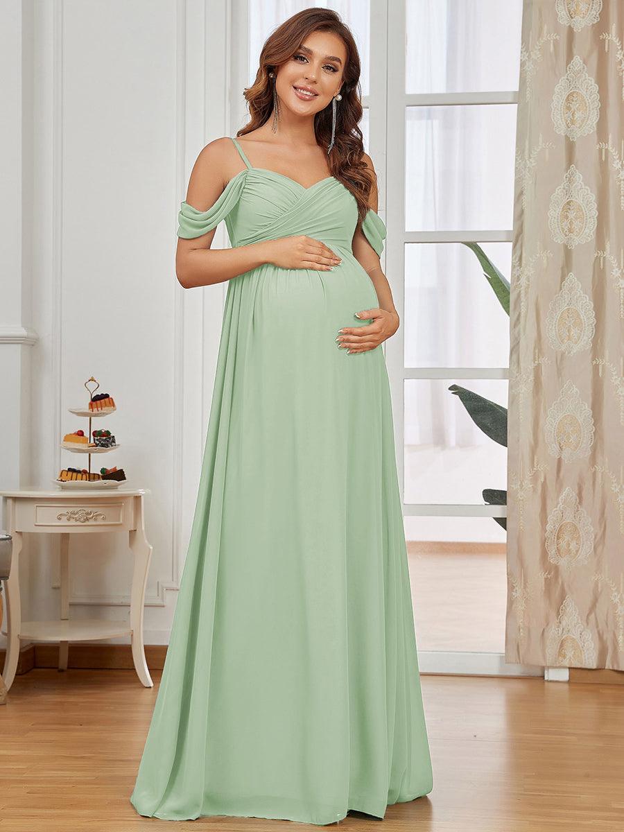 Maxi robe de maternité solide à bretelles spaghetti à épaules dénudées #Couleur_Menthe Verte