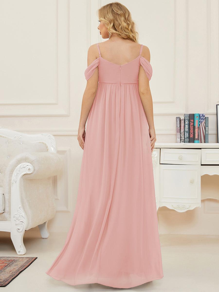 Maxi robe de maternité solide à bretelles spaghetti à épaules dénudées #Couleur_Rose
