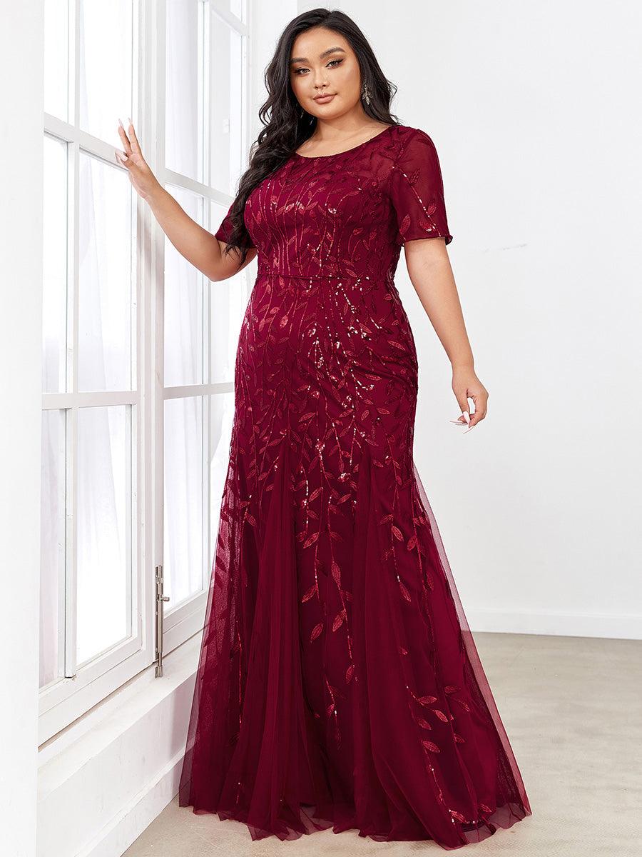 Robes de soirée Longues Sirène en Tulle à Imprimé Floral et Paillettes #Couleur_Bordeaux