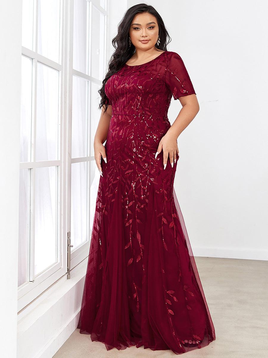 Robe Sirène Grande Taille en Tulle à Imprimé Floral et Paillettes #Couleur_Bordeaux
