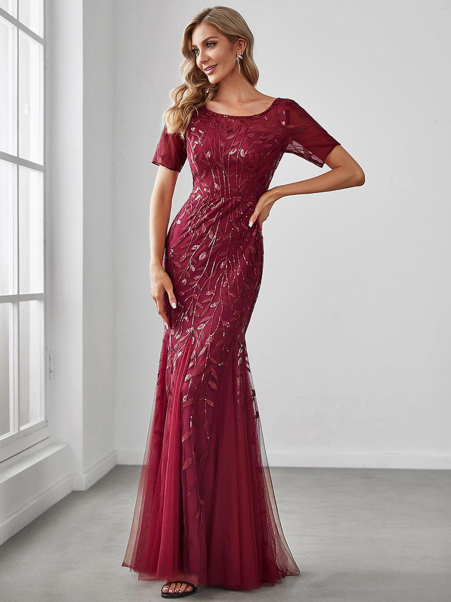 Robes de soirée Longues Sirène en Tulle à Imprimé Floral et Paillettes #Couleur_Bordeaux