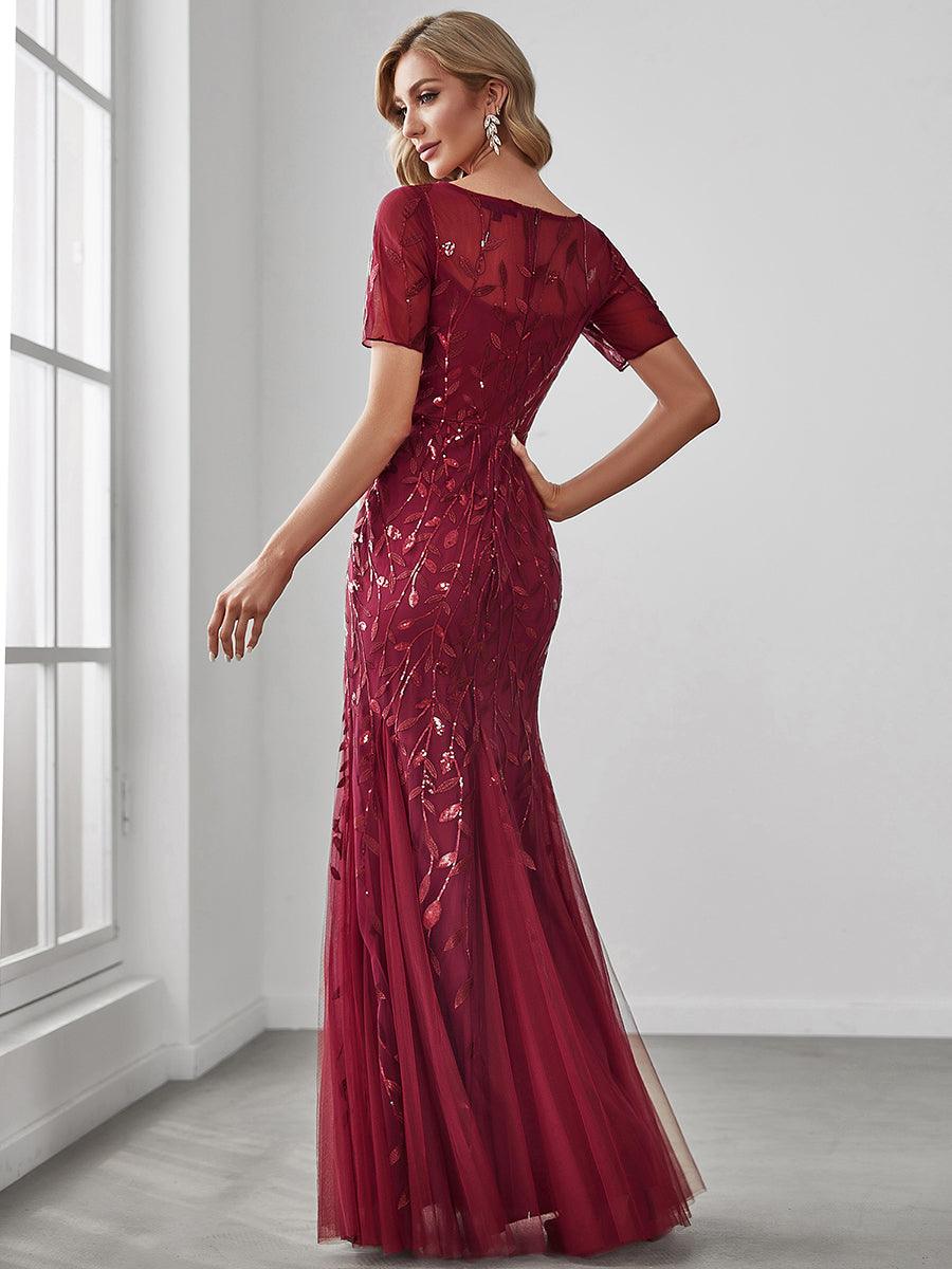 Robes de soirée Longues Sirène en Tulle à Imprimé Floral et Paillettes #Couleur_Bordeaux